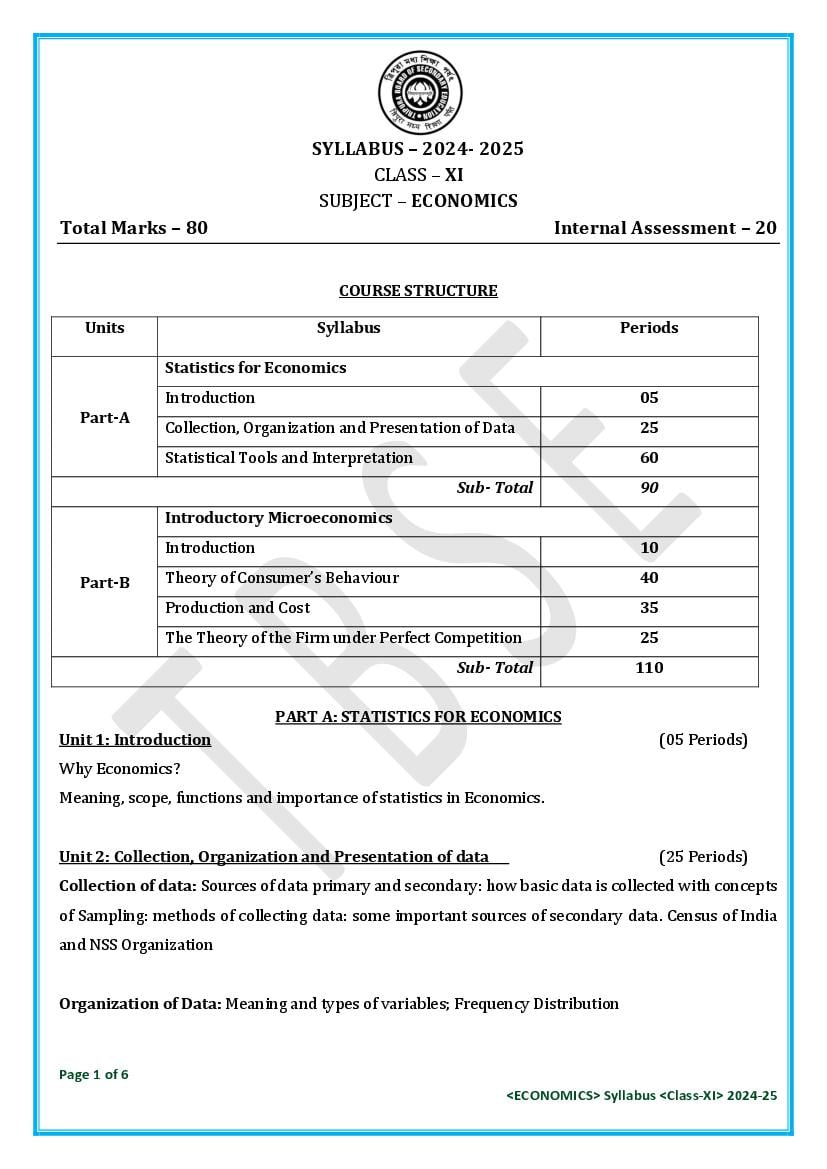 TBSE Class 11 Syllabus 2025 Economics - Page 1