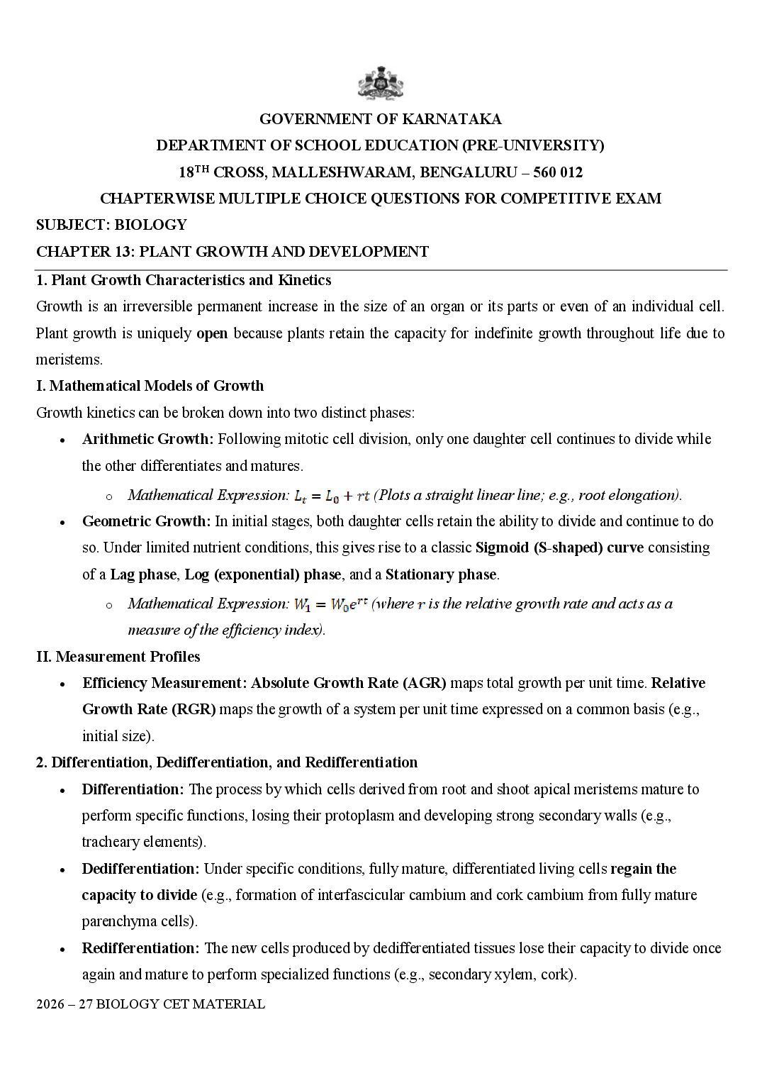 Karnataka 1st PUC Biology Plant Growth and Development MCQ with Answers - Page 1 of 19