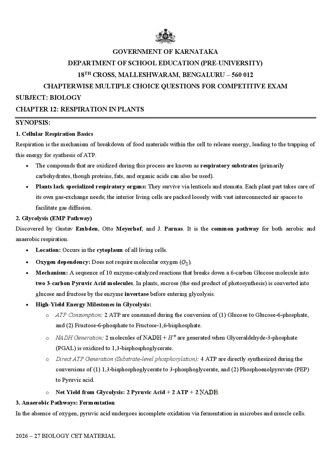 Karnataka 1st PUC Biology Respiration in Plants MCQ with Answers - Page 1 of 18