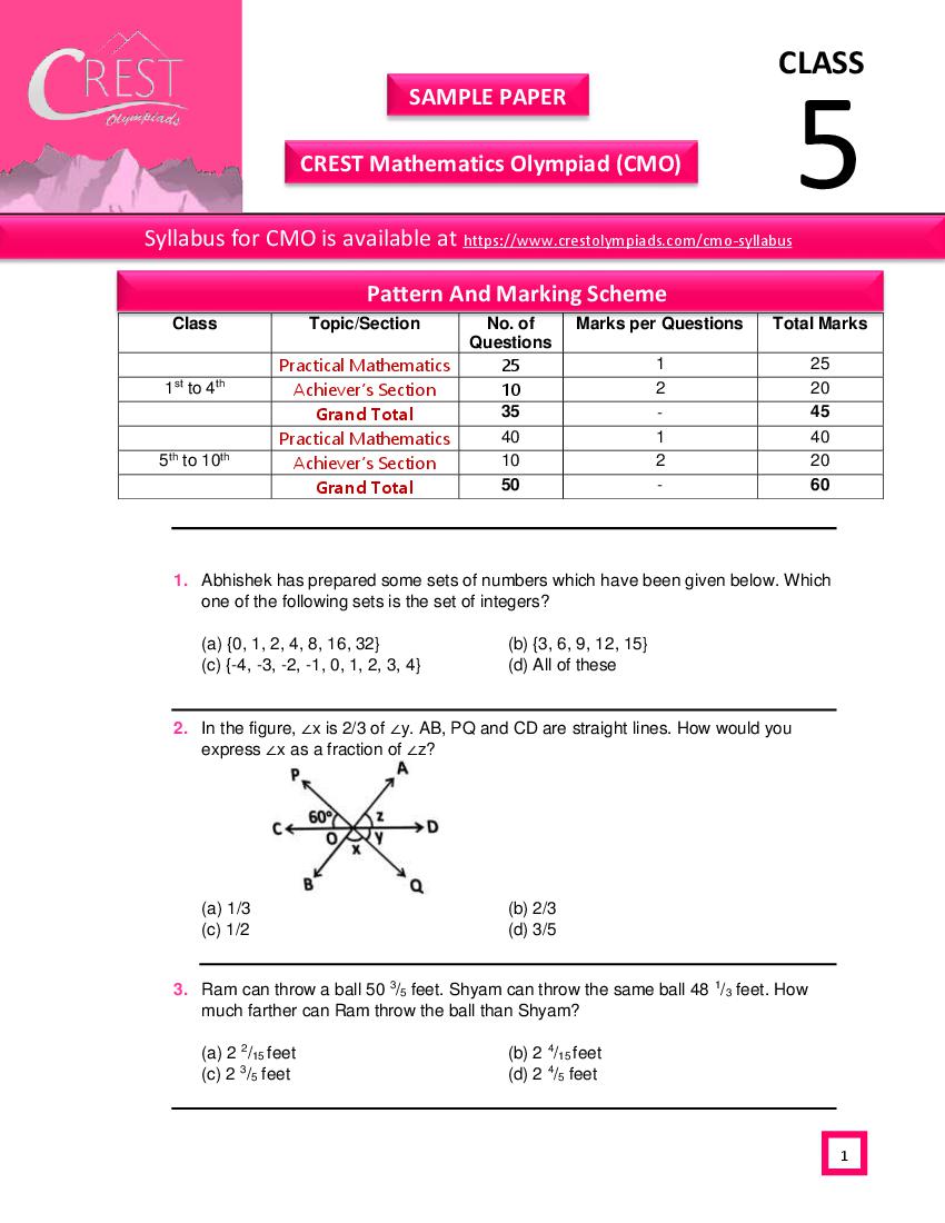 CREST Mathematics Olympiad (CMO) Class 5 Sample Paper - Page 1