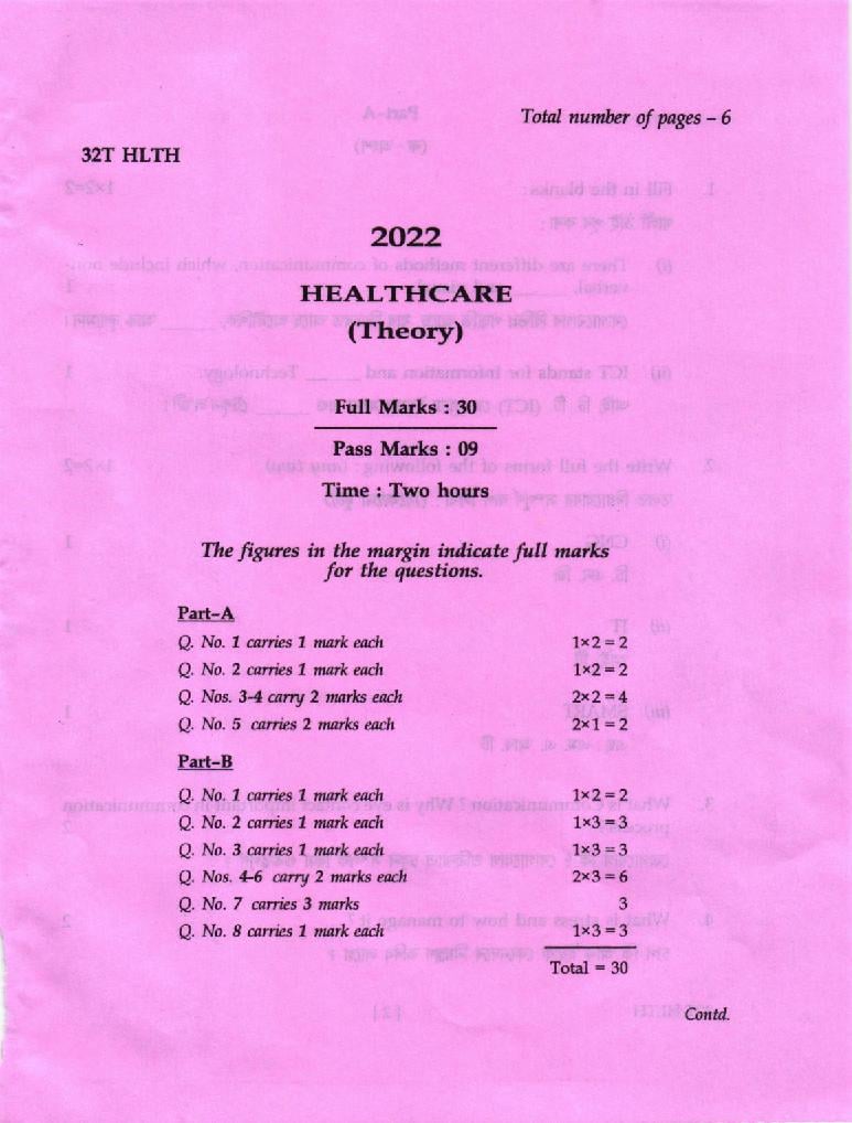 AHSEC HS 2nd Year Question Paper 2022 Health Care - Page 1