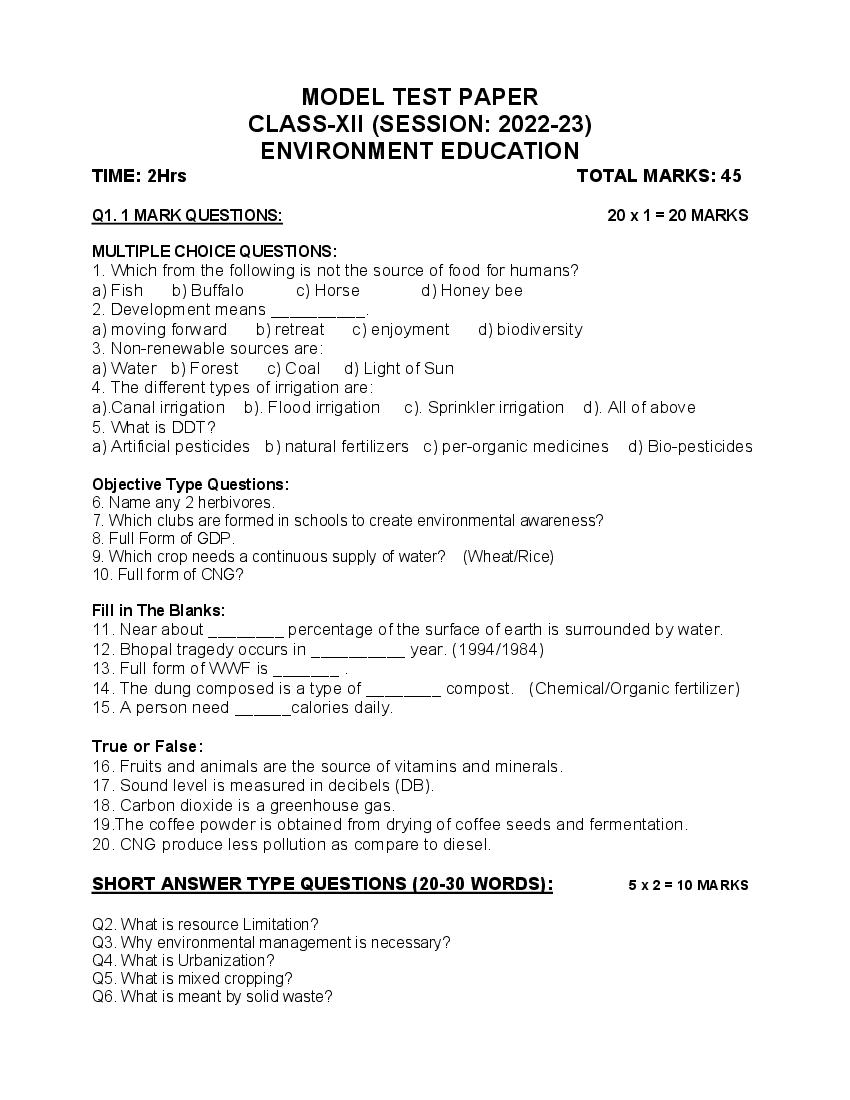 PSEB 12th Model Test Paper 2023 Environmental - Page 1