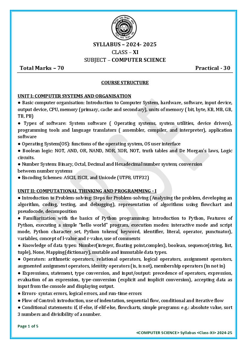 TBSE Class 11 Syllabus 2025 Computer Science - Page 1