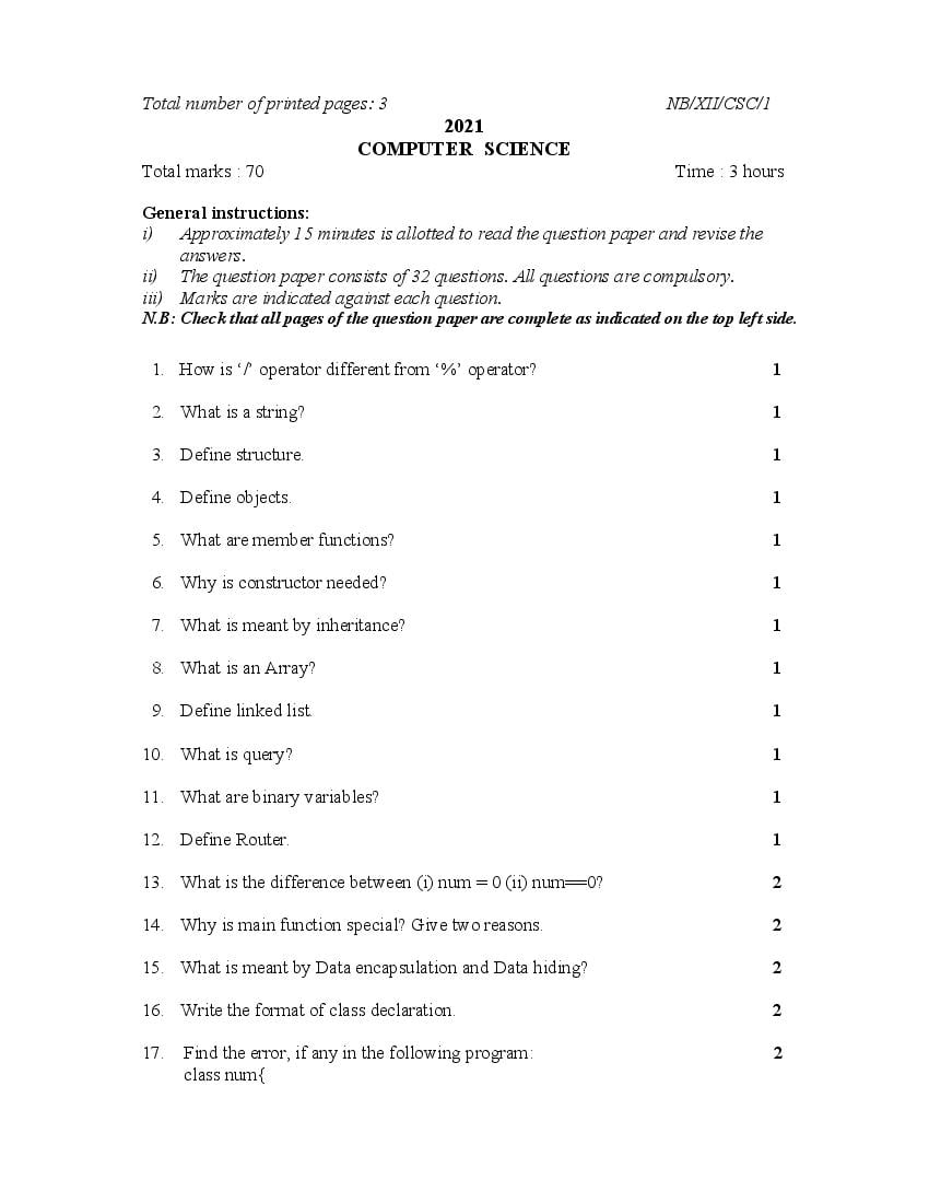 NBSE Class 12 Question Paper 2021 for Computer Science - Page 1