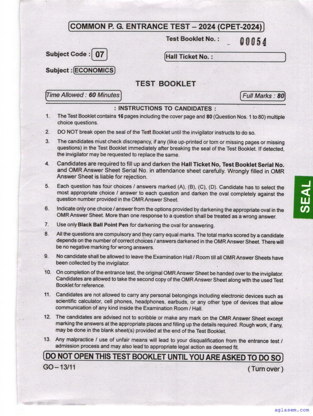 Odisha CPET 2024 Question Paper Economics - Page 1 of 16