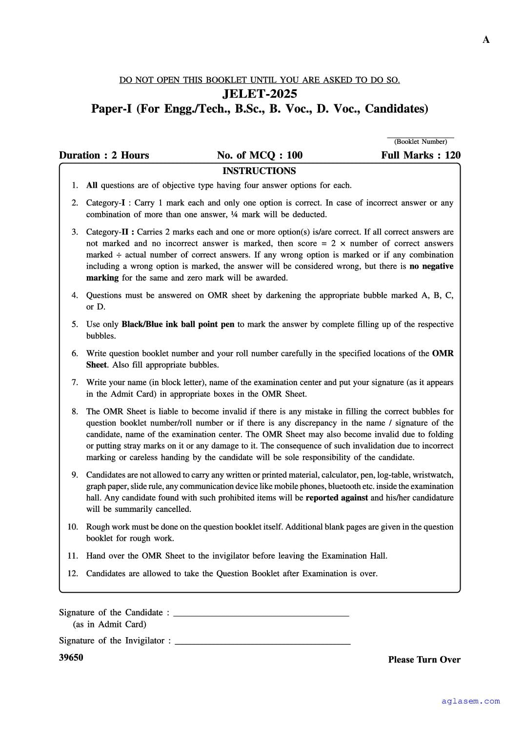 JELET 2025 Question Paper Diploma in Engineering and Technology - Page 1 of 25