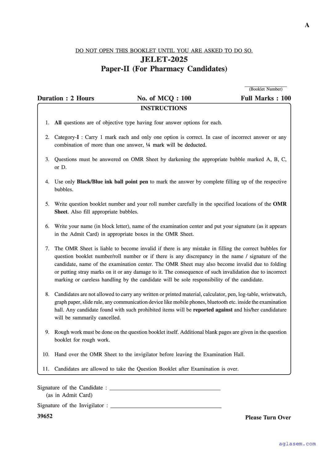 JELET 2025 Question Paper Pharmacy - Page 1 of 20