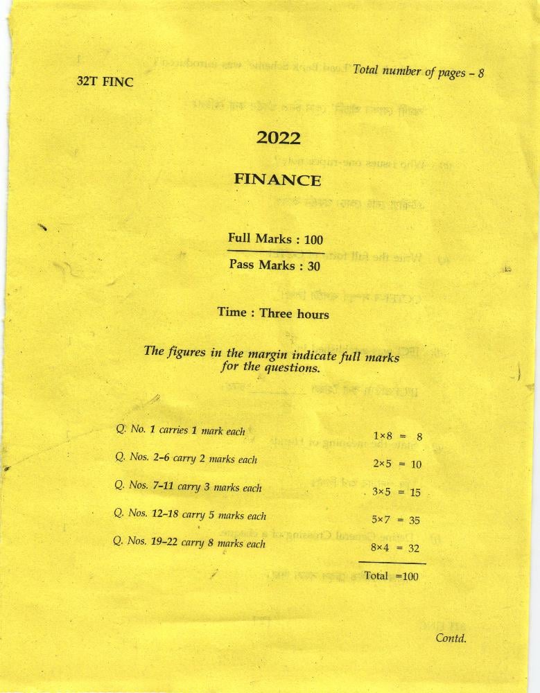 AHSEC HS 2nd Year Question Paper 2022 Finance - Page 1