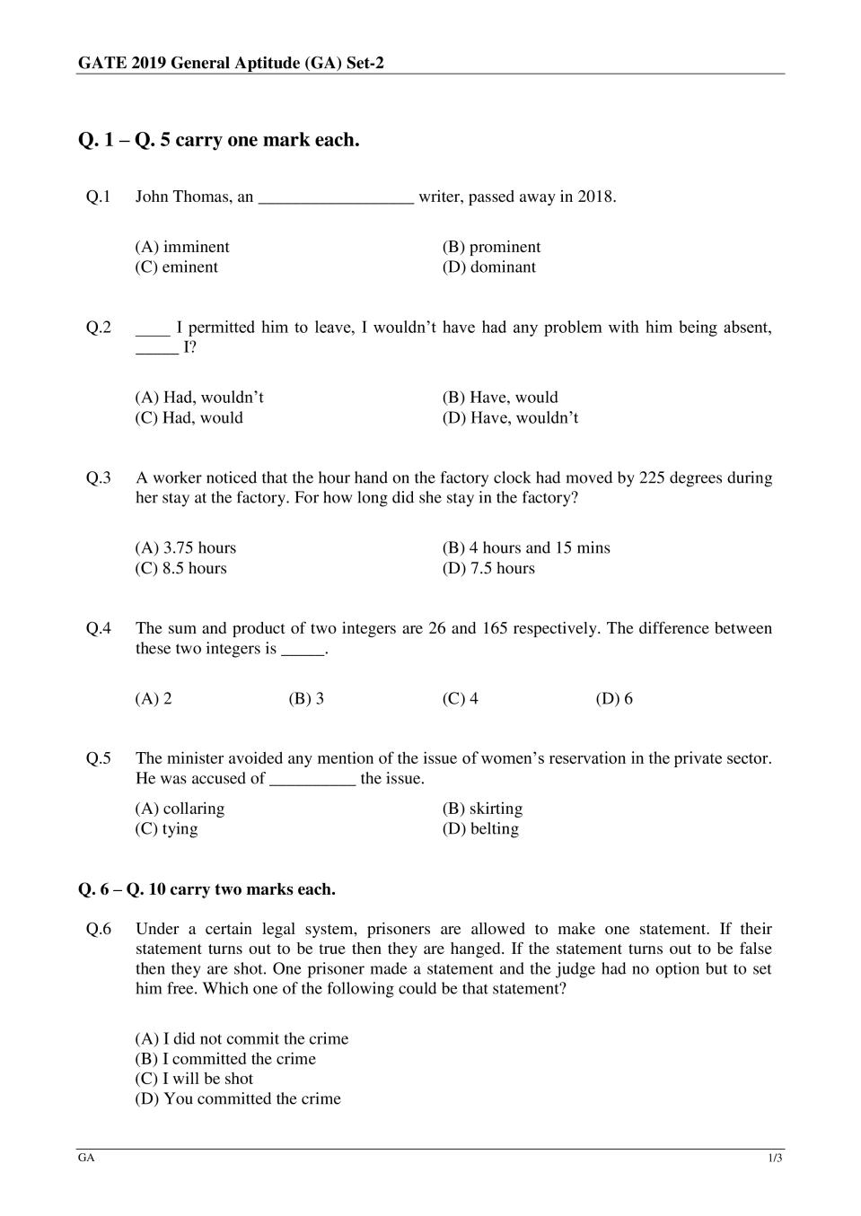 GATE 2019 Chemistry (CY) Question Paper with Answer - Page 1