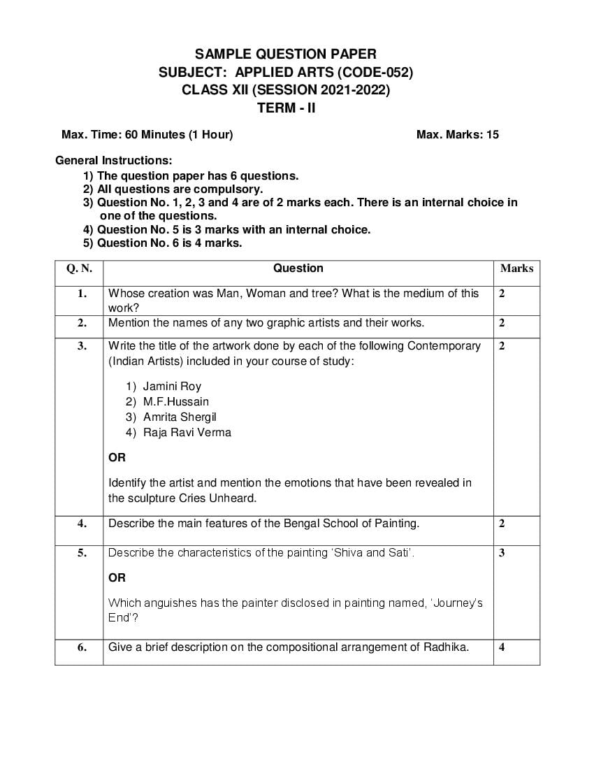 CBSE Class 12 Sample Paper 2022 for Applied Arts Term 2 - Page 1
