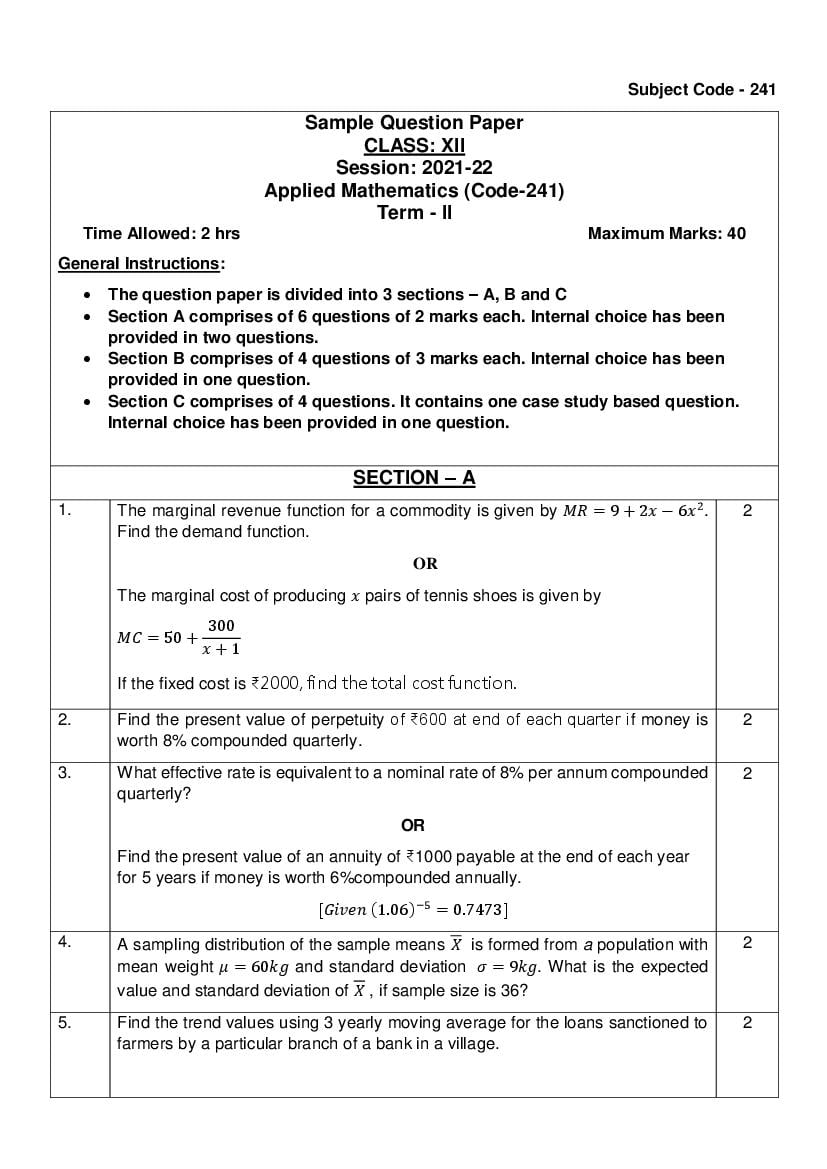 CBSE Class 12 Sample Paper 2022 for Applied Maths Term 2 - Page 1