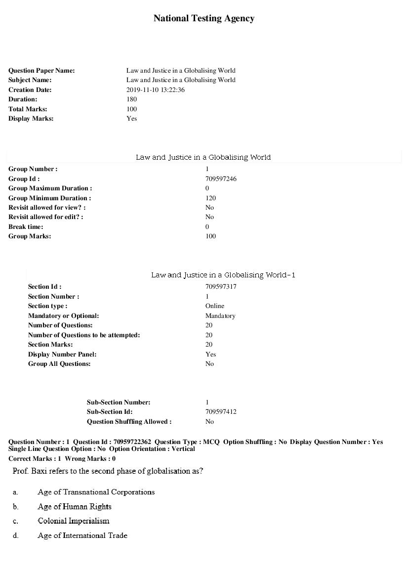 SWAYAM 2019 Question Paper Law and Justice in a Globalising World - Page 1 of 8