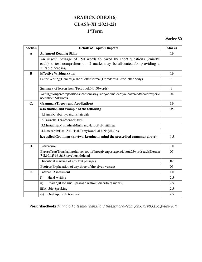 CBSE Class 12 Term Wise Syllabus 2021-22 Arabic - Page 1
