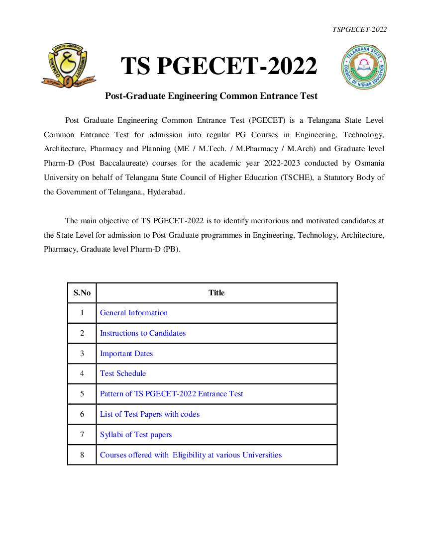 TS PGECET 2022 Information Booklet - Page 1