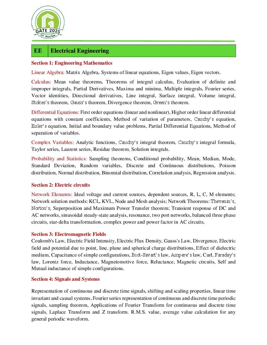 GATE 2025 Syllabus for Electrical Engineering - Page 1