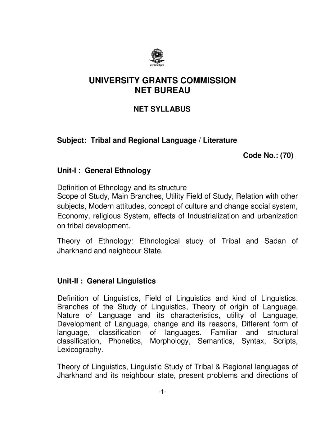 UGC NET Syllabus for Tribal ans Regional Languages 2020 - Page 1