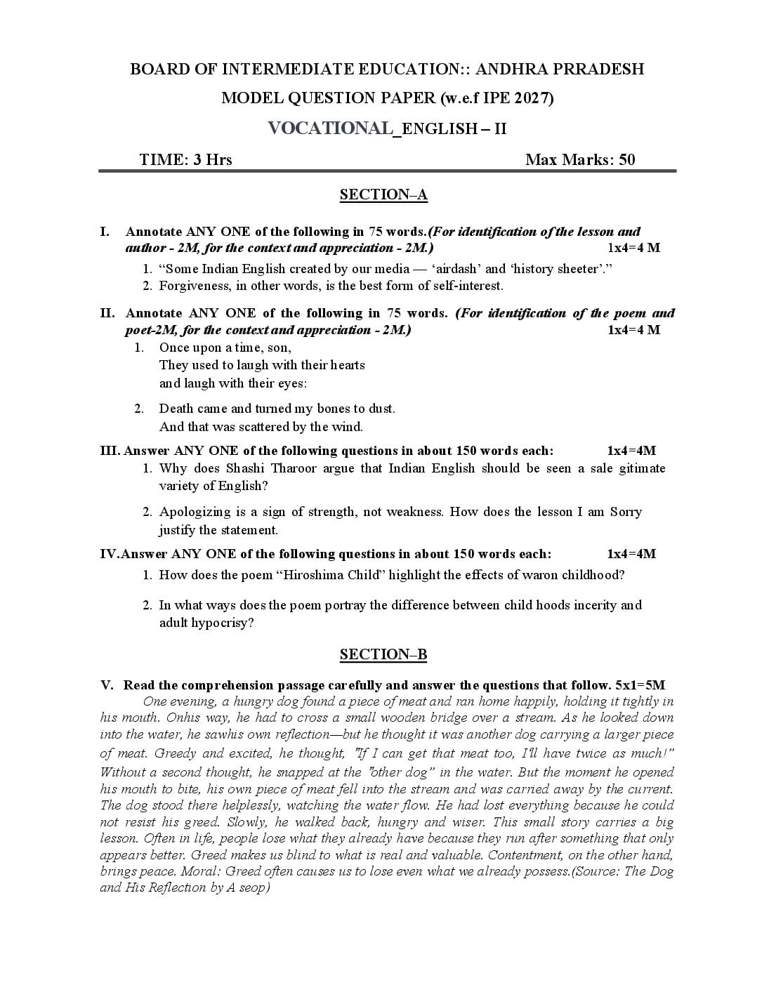 AP Class 12 Model Paper 2027 Vocational English - Page 1 of 4