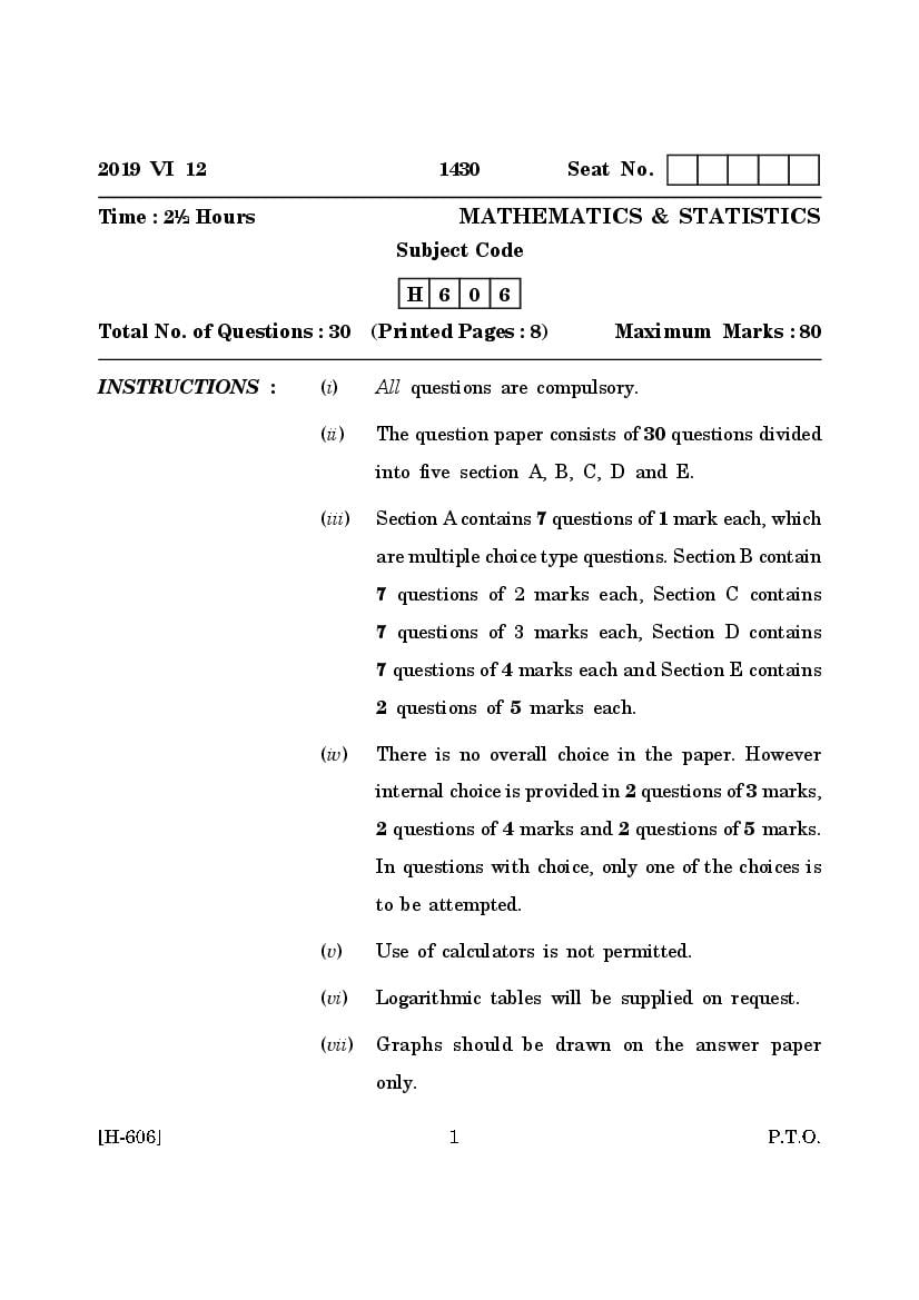 Goa Board Class 12 Question Paper June 2019 Mathematics and Statistics - Page 1