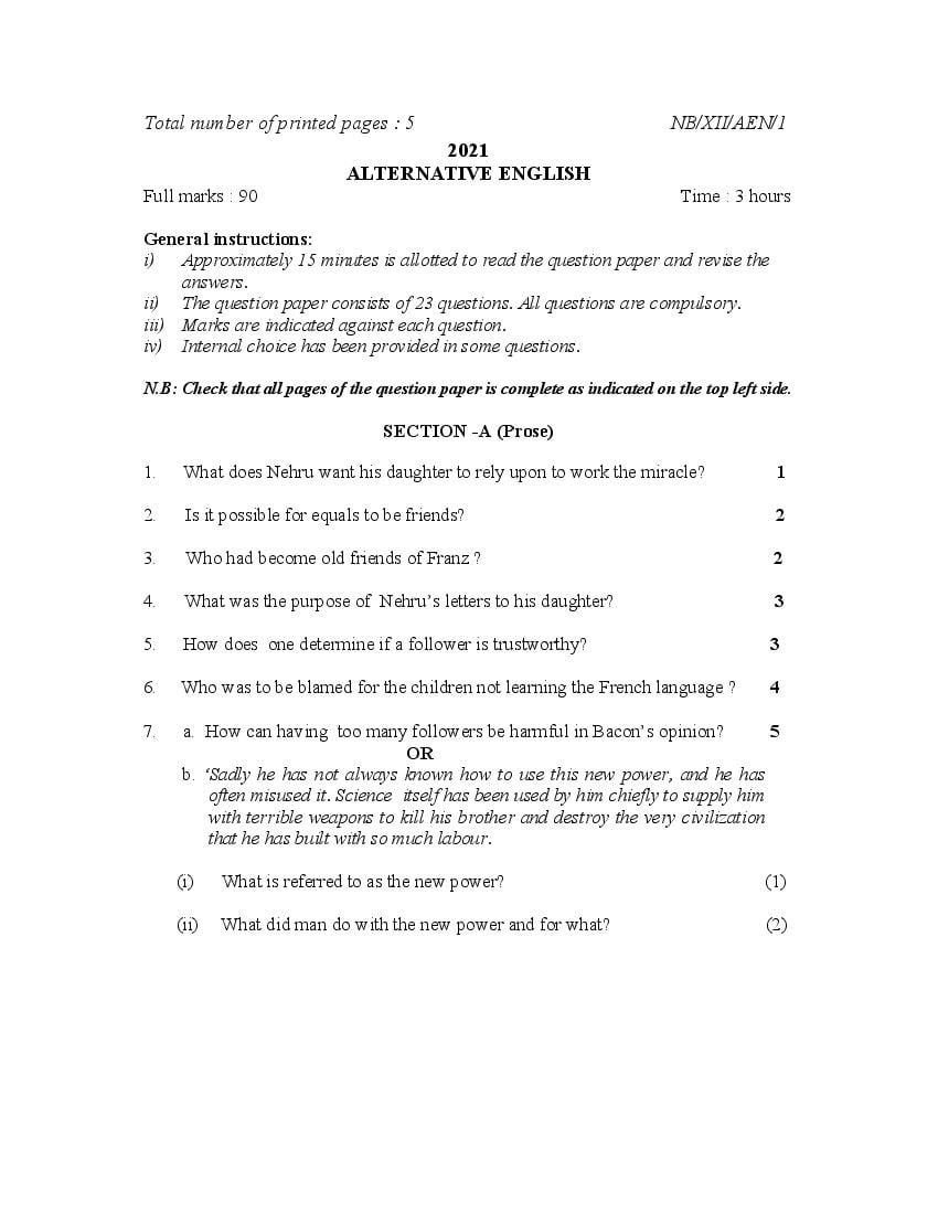 NBSE Class 12 Question Paper 2021 for English Alternative - Page 1