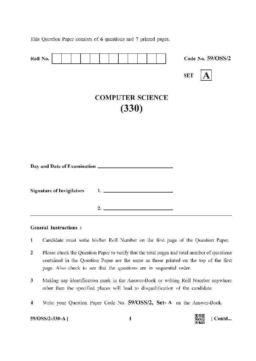 NIOS Class 12 Question Paper Oct 2019 - Computer Science - Page 1