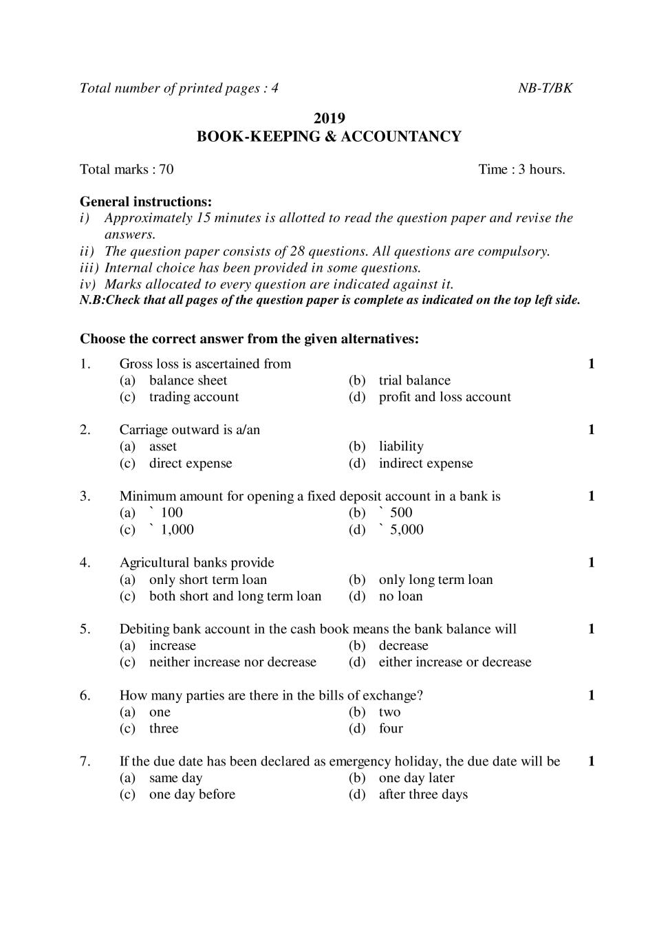 NBSE Class 10 Question Paper 2019 for Accountancy - Page 1