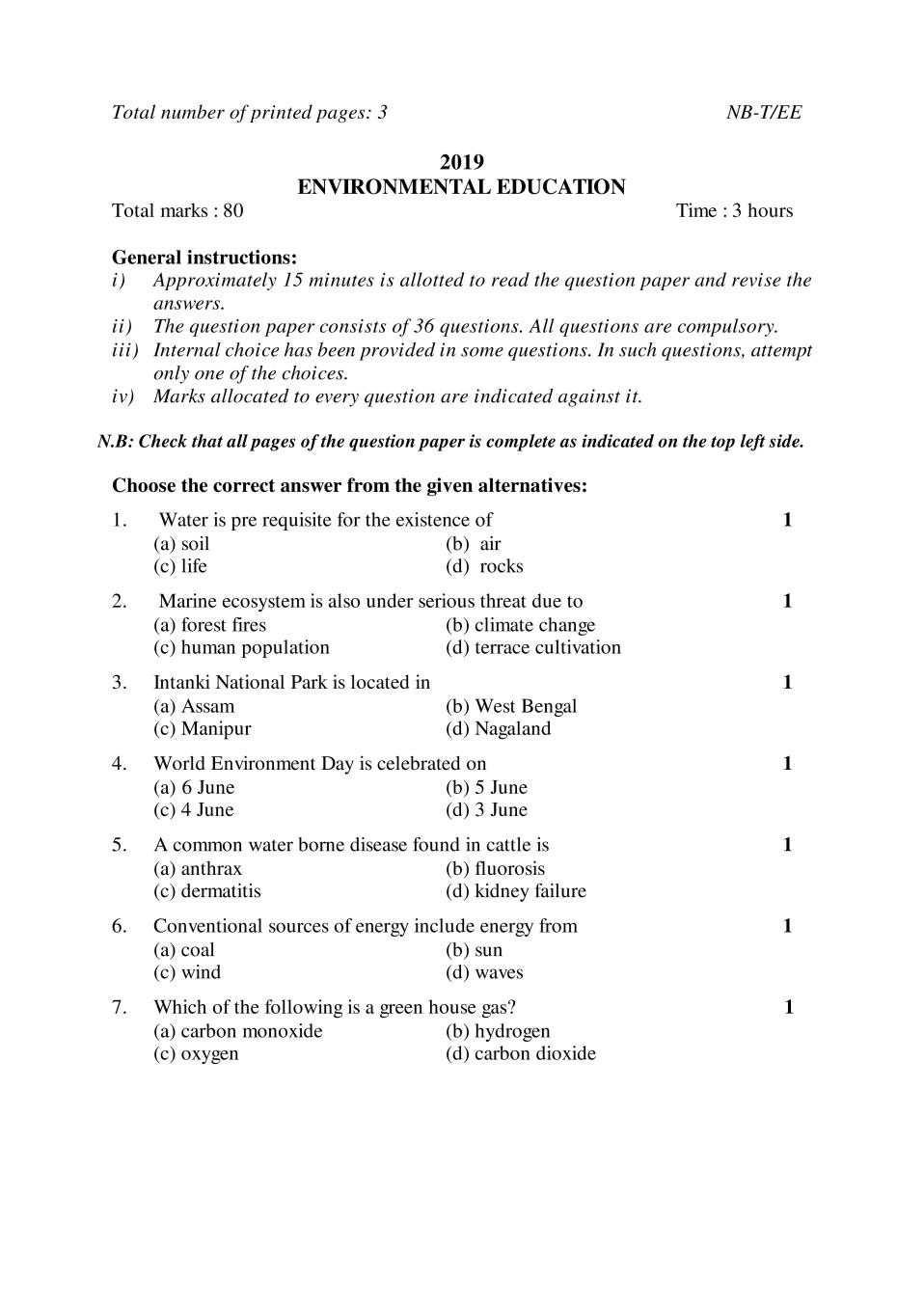 NBSE Class 10 Question Paper 2019 for Env.Education - Page 1