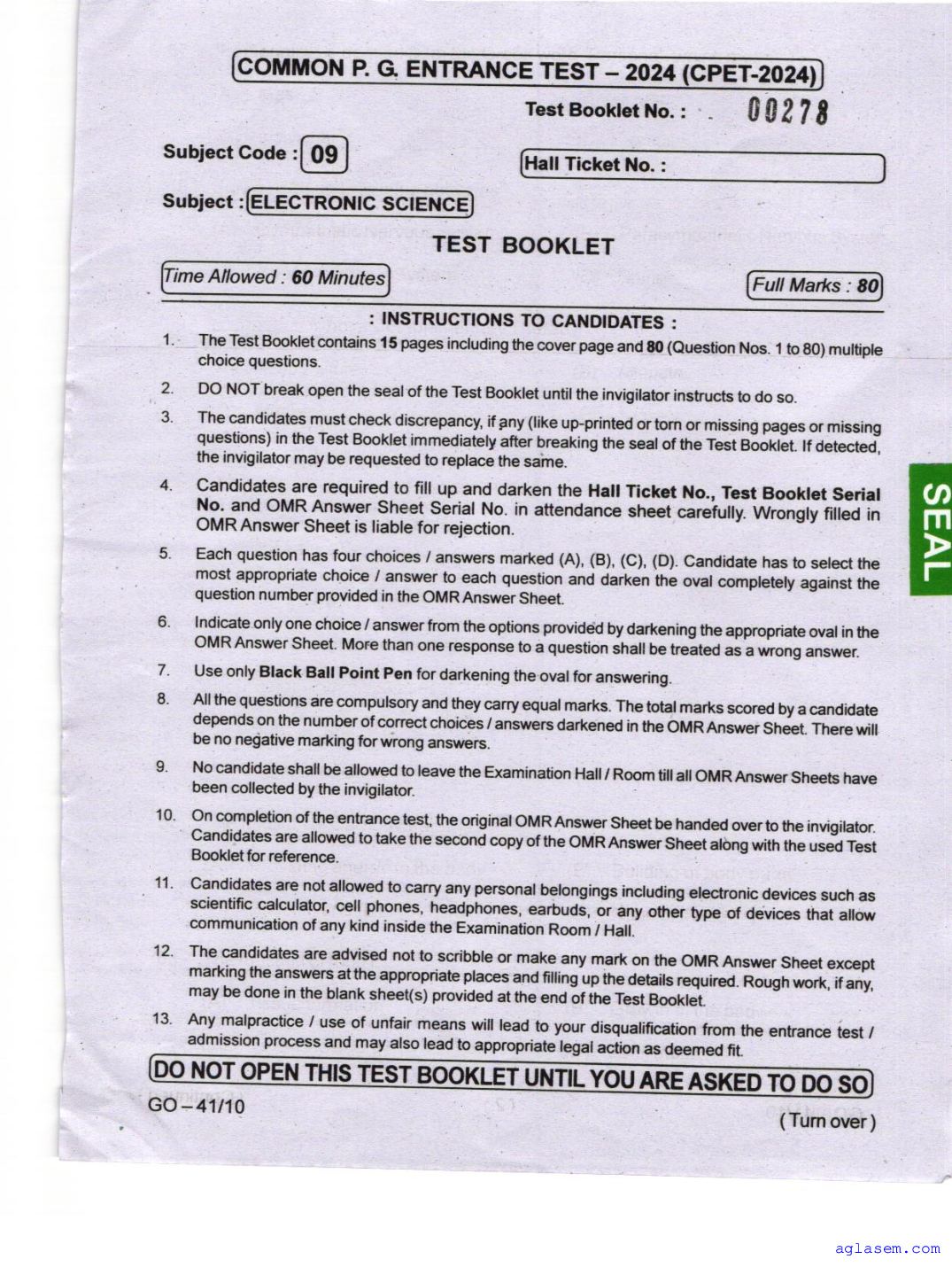 Odisha CPET 2024 Question Paper Electronic Science - Page 1 of 16