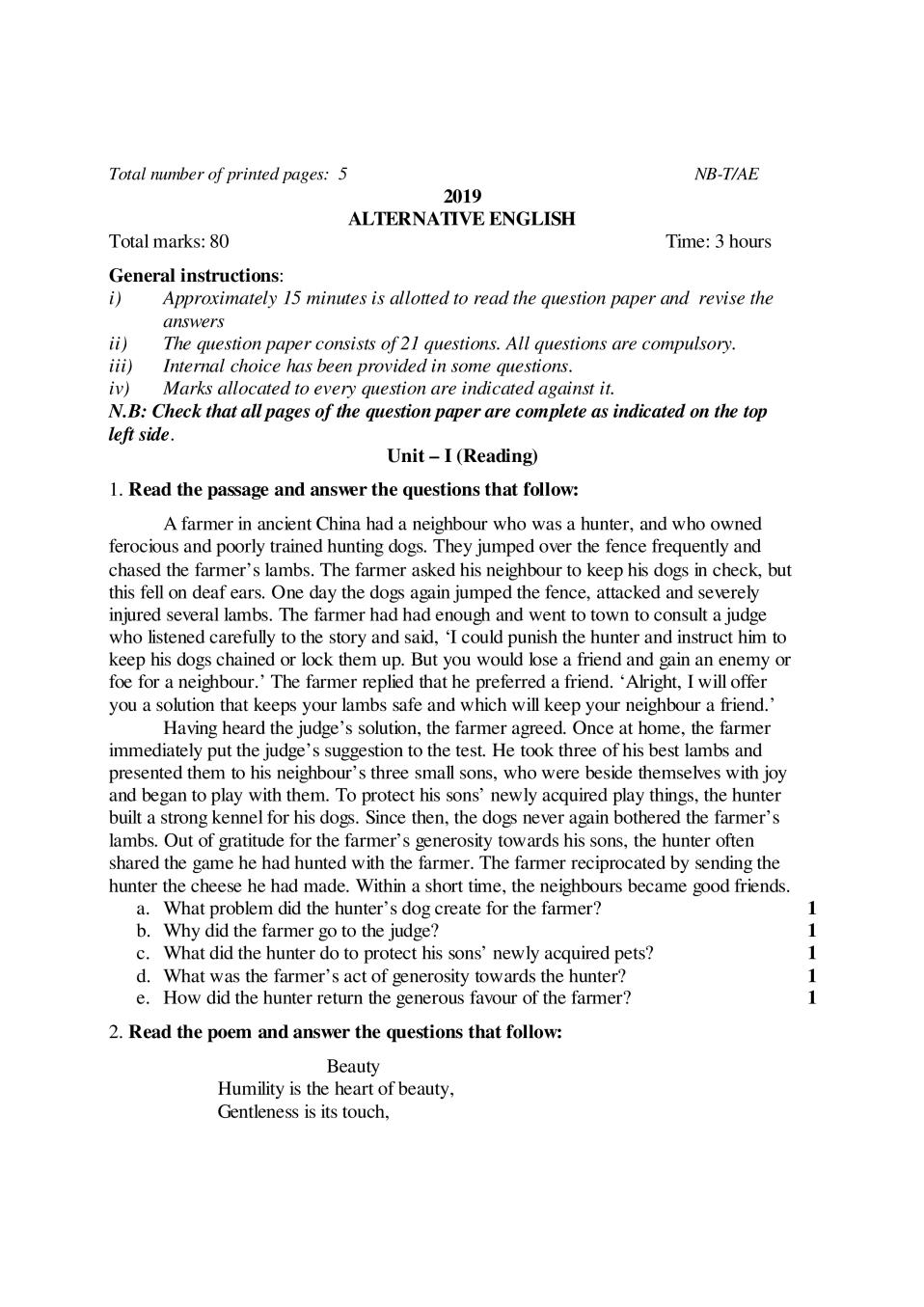 NBSE Class 10 Question Paper 2019 for Alternative English - Page 1