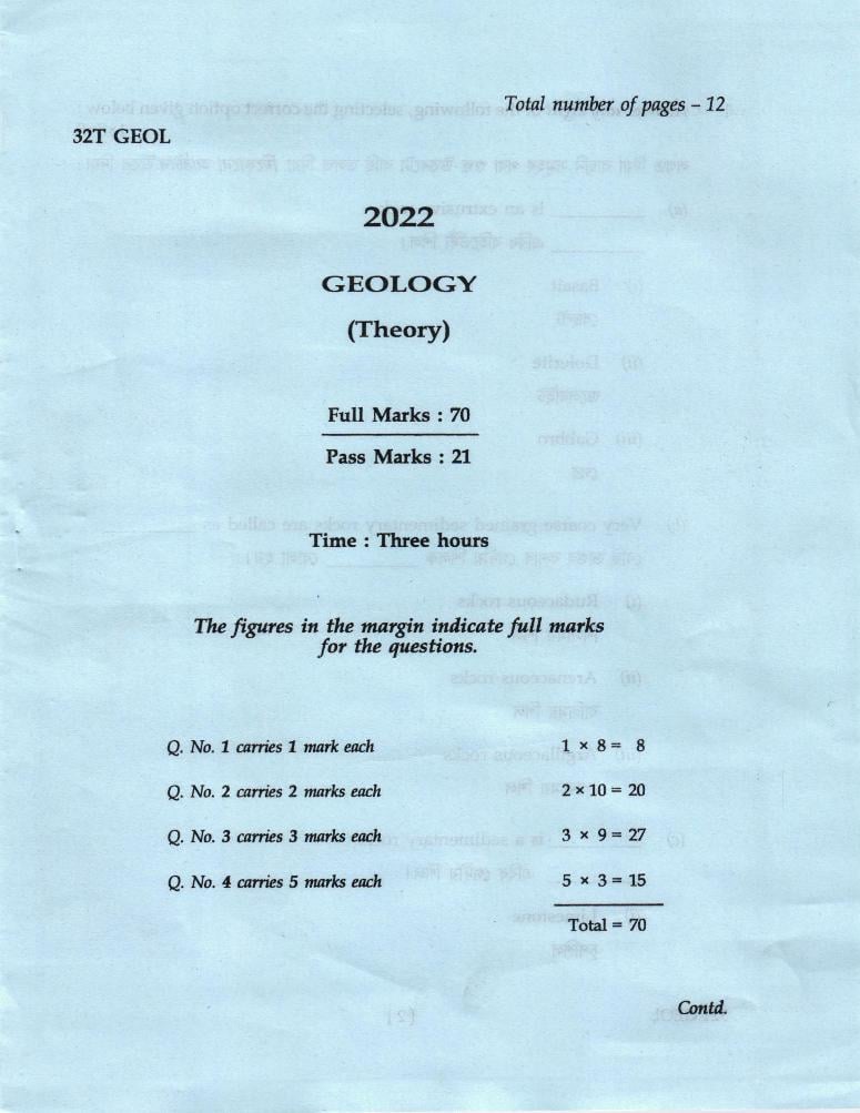 AHSEC HS 2nd Year Question Paper 2022 Geology - Page 1