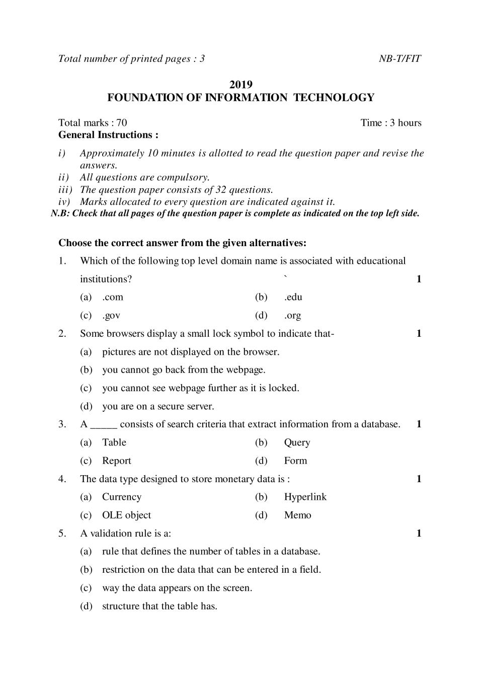 NBSE Class 10 Question Paper 2019 for Foundation Of information Technology - Page 1