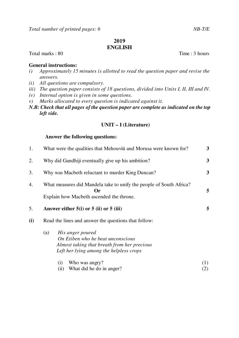 NBSE Class 10 Question Paper 2019 for English - Page 1