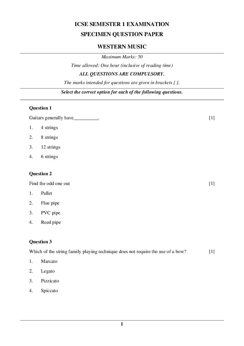 ICSE Class 10 Specimen Paper 2022  Western Music Semester 1 - Page 1