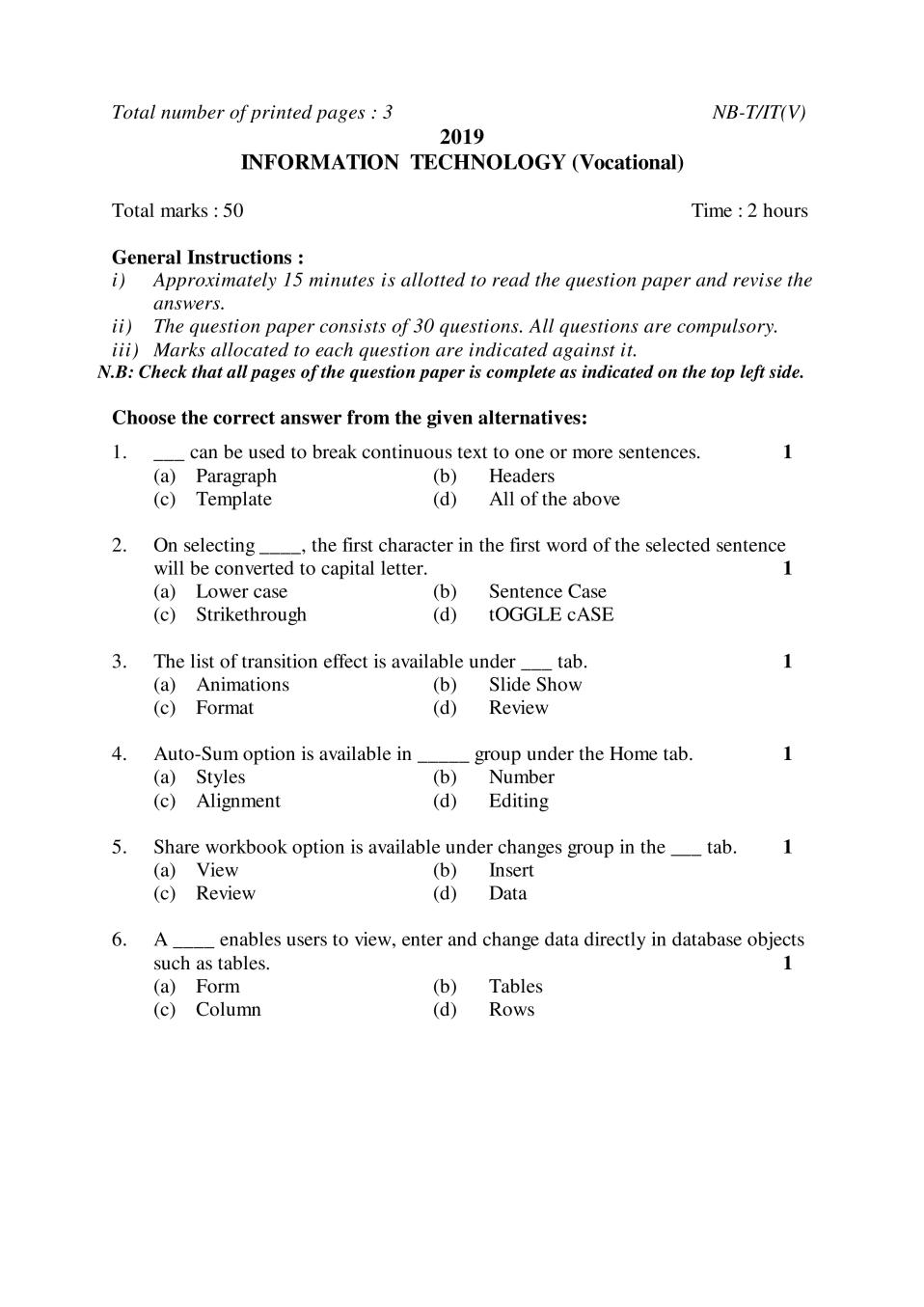 NBSE Class 10 Question Paper 2019 for Information Technology Voc - Page 1