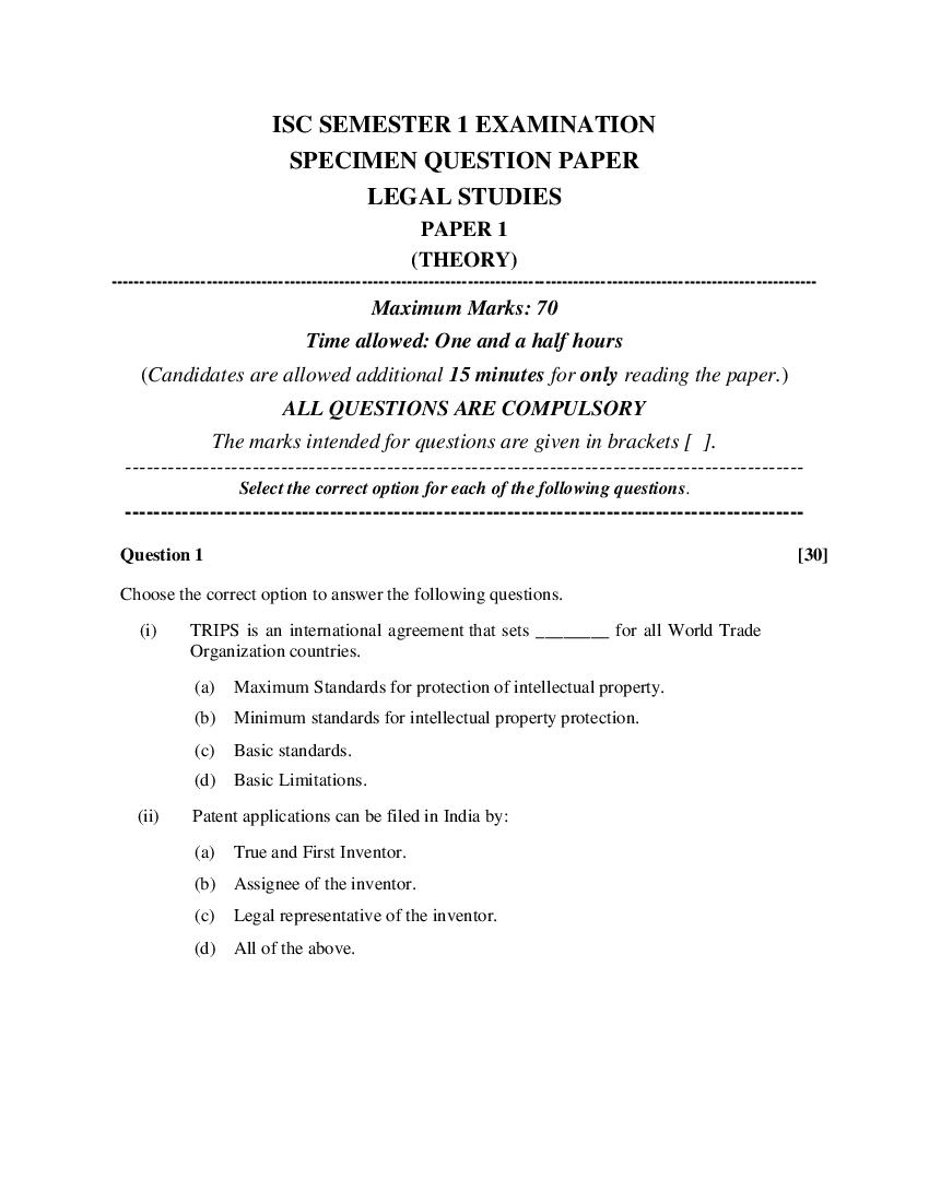 ISC Class 12 Specimen Paper 2022  Legal Studies Semester 1 - Page 1