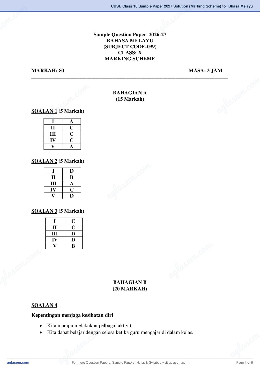 CBSE Class 10 Sample Paper 2027 Solution (Marking Scheme) for Bhasa Melayu - Page 1 of 6
