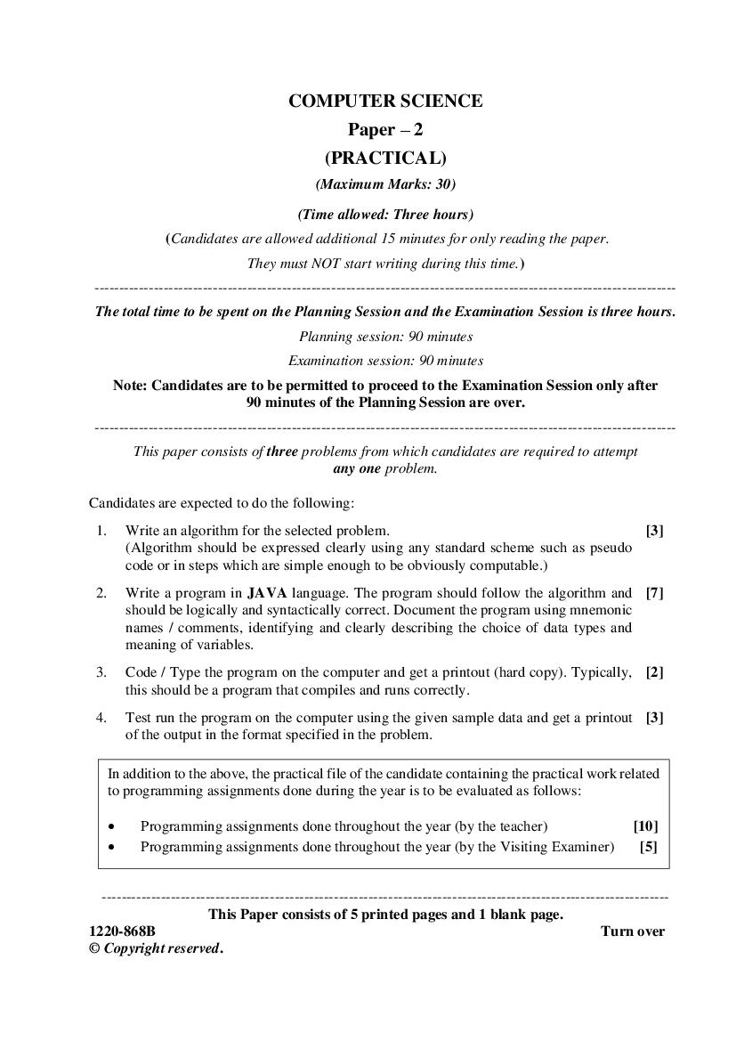 ISC Class 12 Question Paper 2020 for Computer Science Practical - Page 1