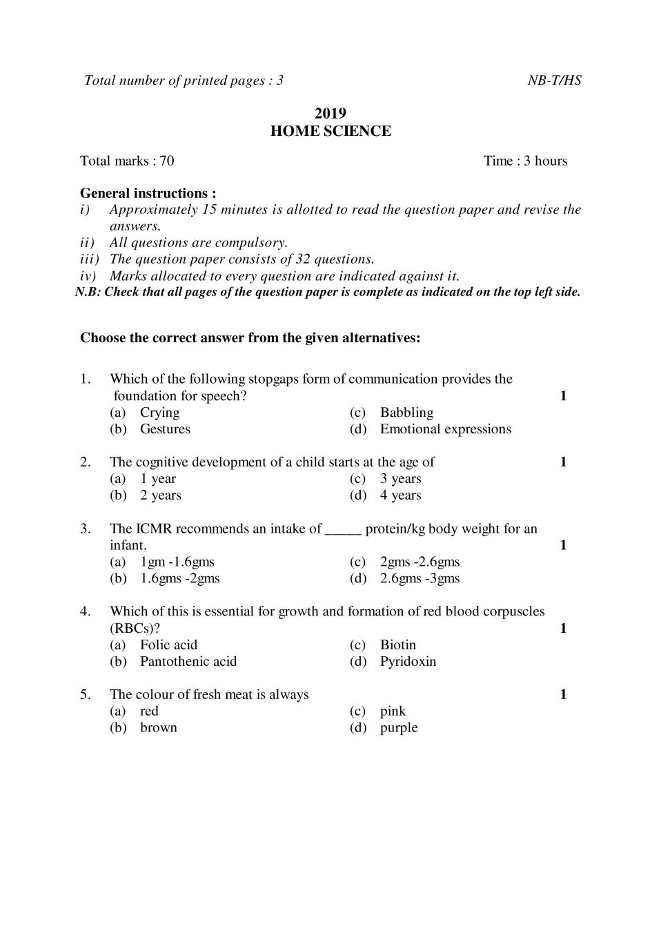 NBSE Class 10 Question Paper 2019 for Home Science - Page 1