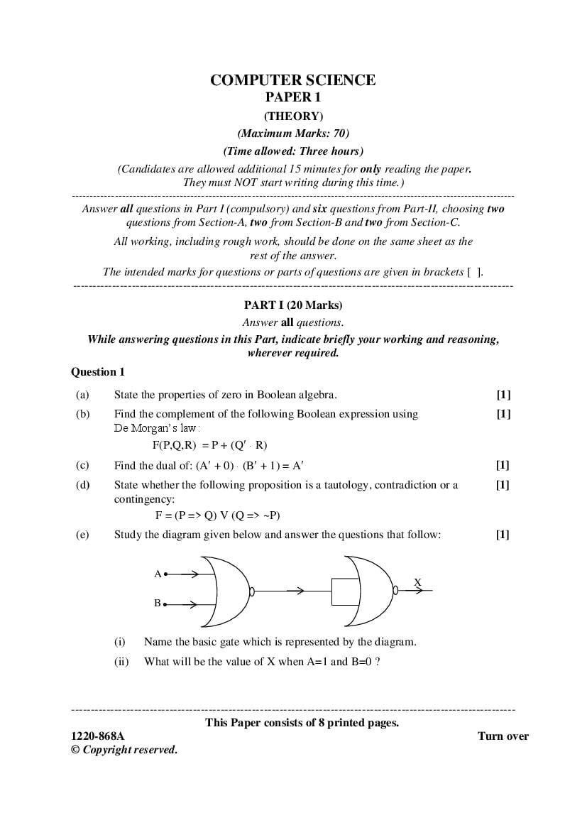 ISC Class 12 Question Paper 2020 for Computer Science - Page 1