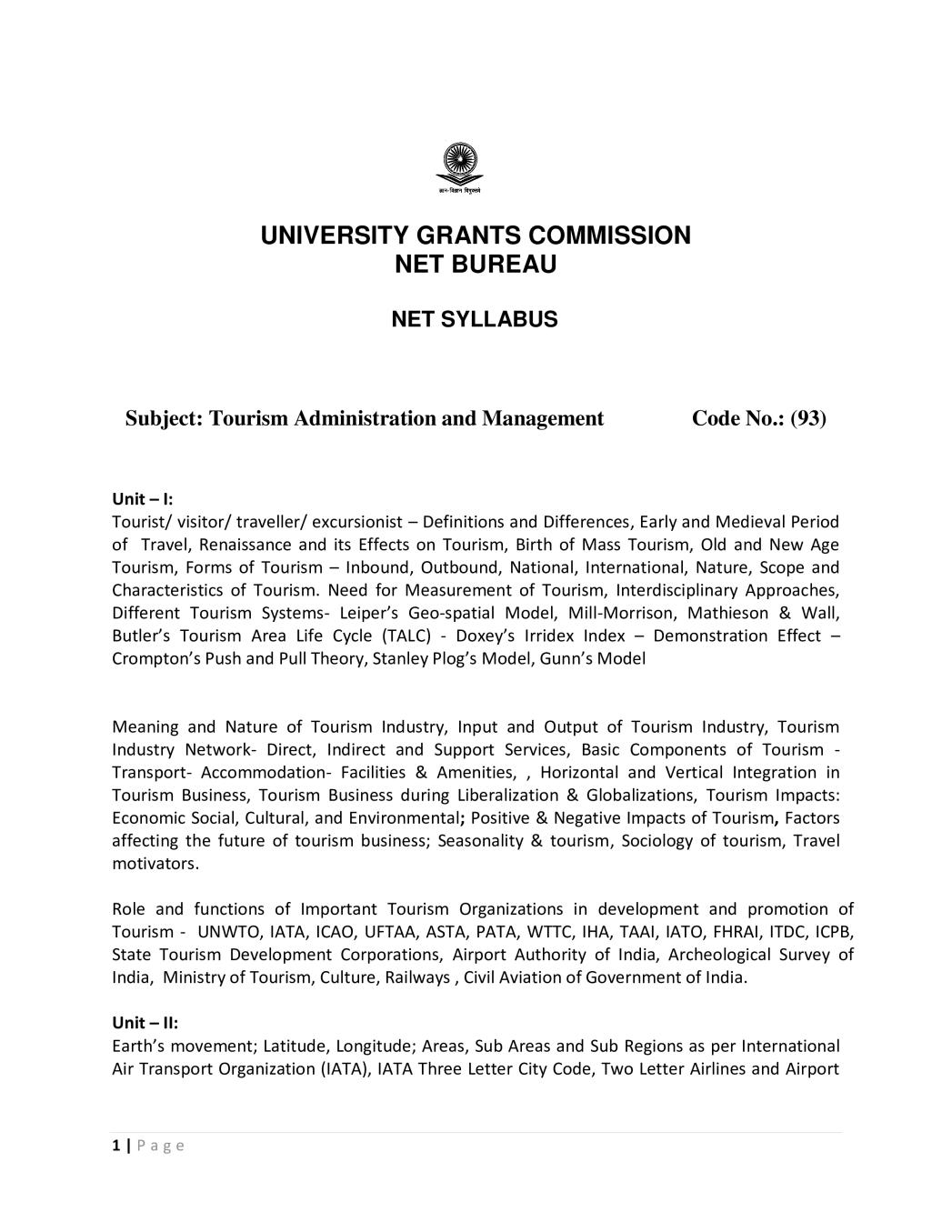 UGC NET Syllabus for Tourism Administration And  Management 2020 - Page 1