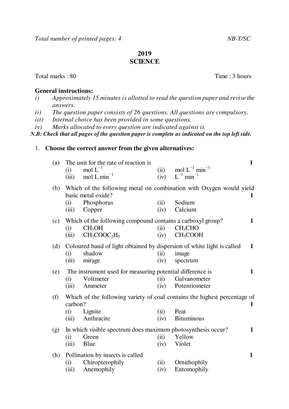 NBSE Class 10 Question Paper 2019 for Science - Page 1