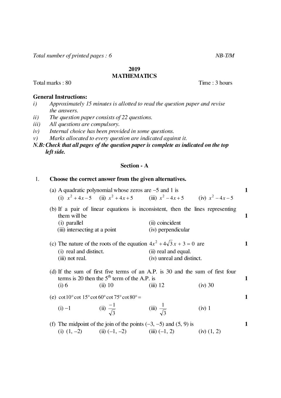 NBSE Class 10 Question Paper 2019 for Maths - Page 1