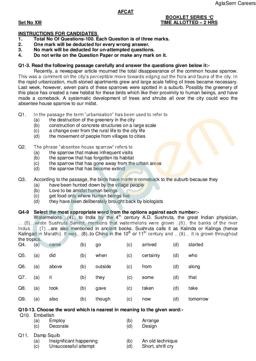 AFCAT (1) 2015 Question Paper - Set XIII