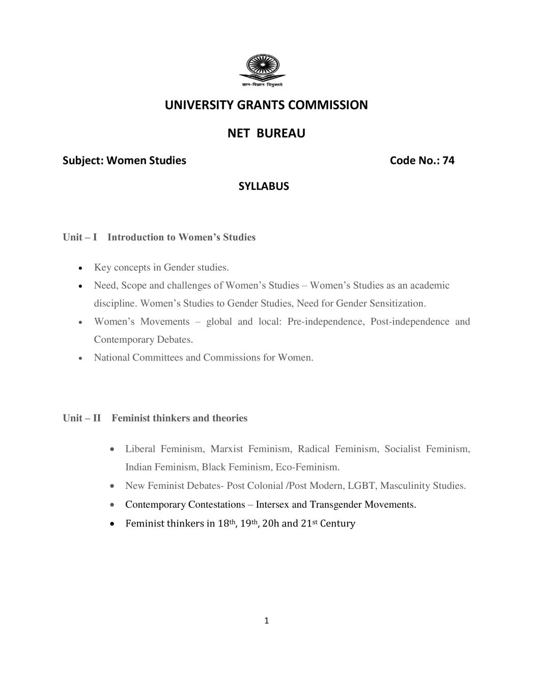 UGC NET Syllabus for Women Studies 2020 - Page 1
