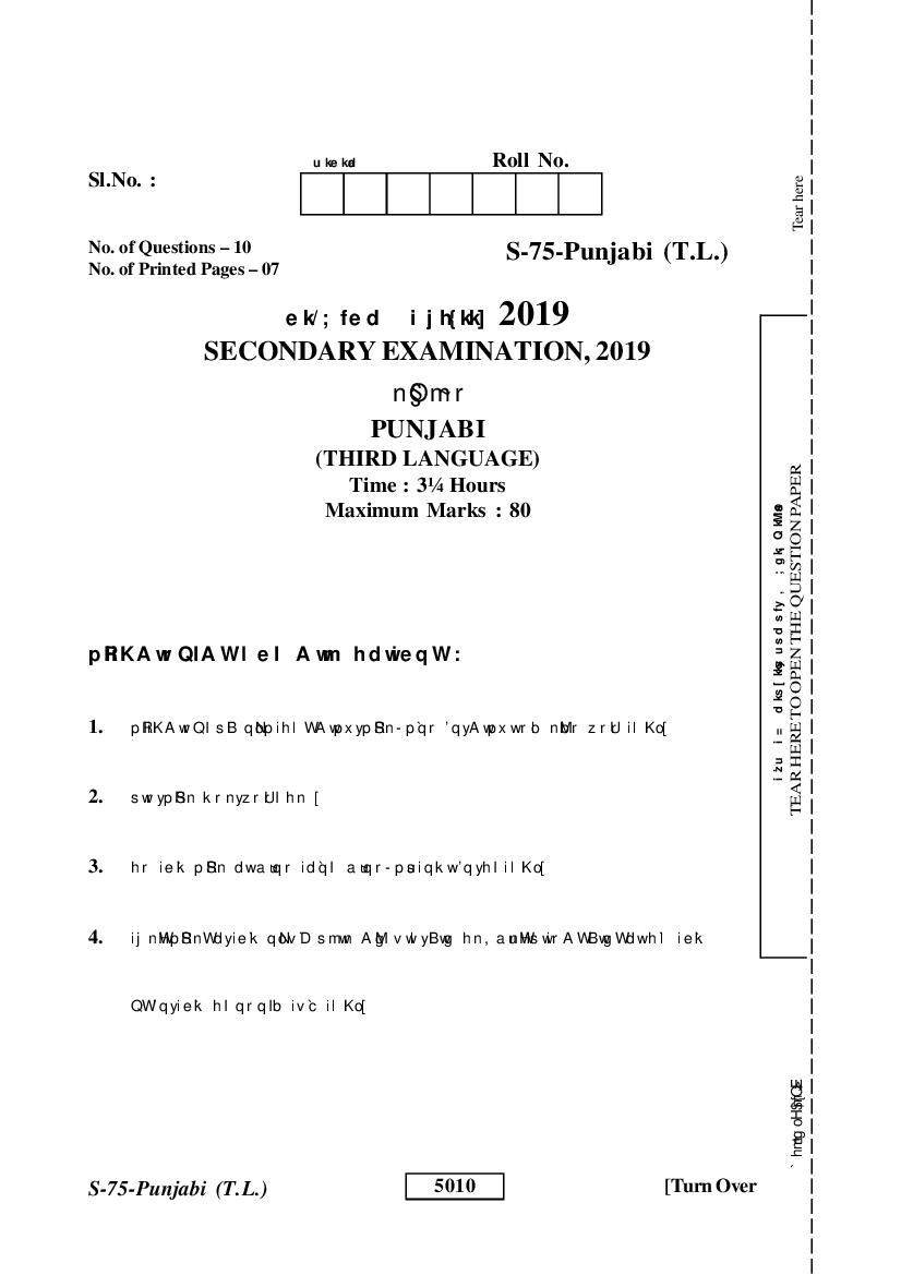 Rajasthan Board Class 10 Question Paper 2019 Punjabi - Page 1