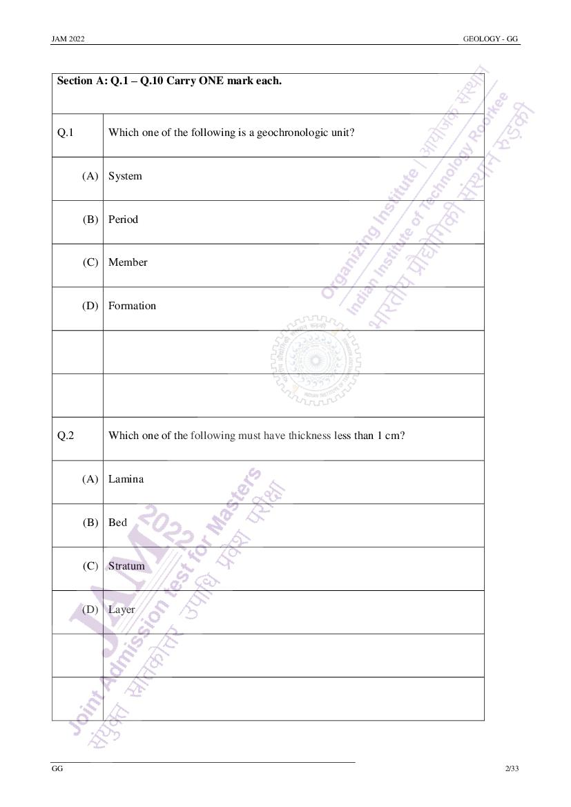 JAM 2022 Question Paper Geology (GG) - Page 1