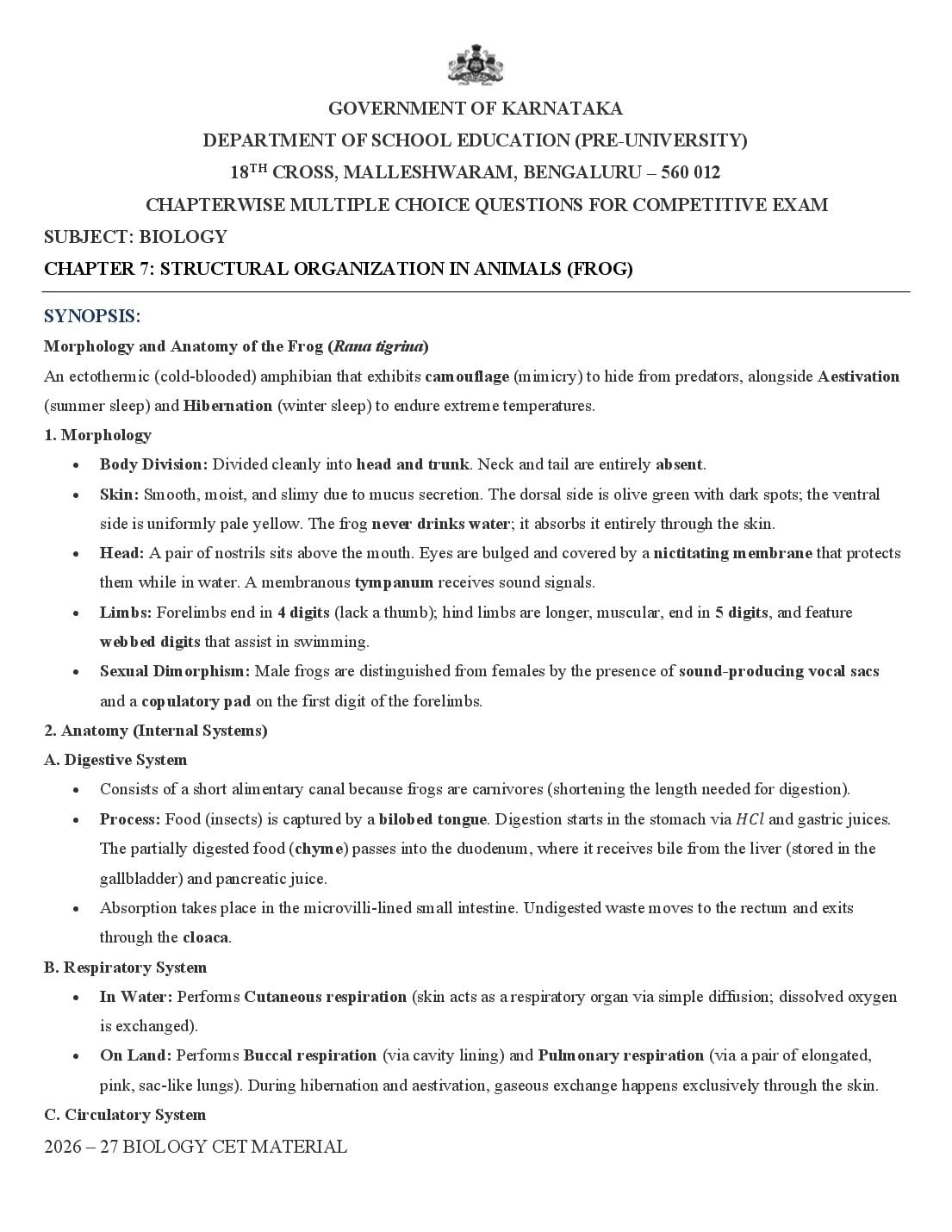 Karnataka 1st PUC Biology Structural Organisation in Animals MCQ with Answers - Page 1 of 9