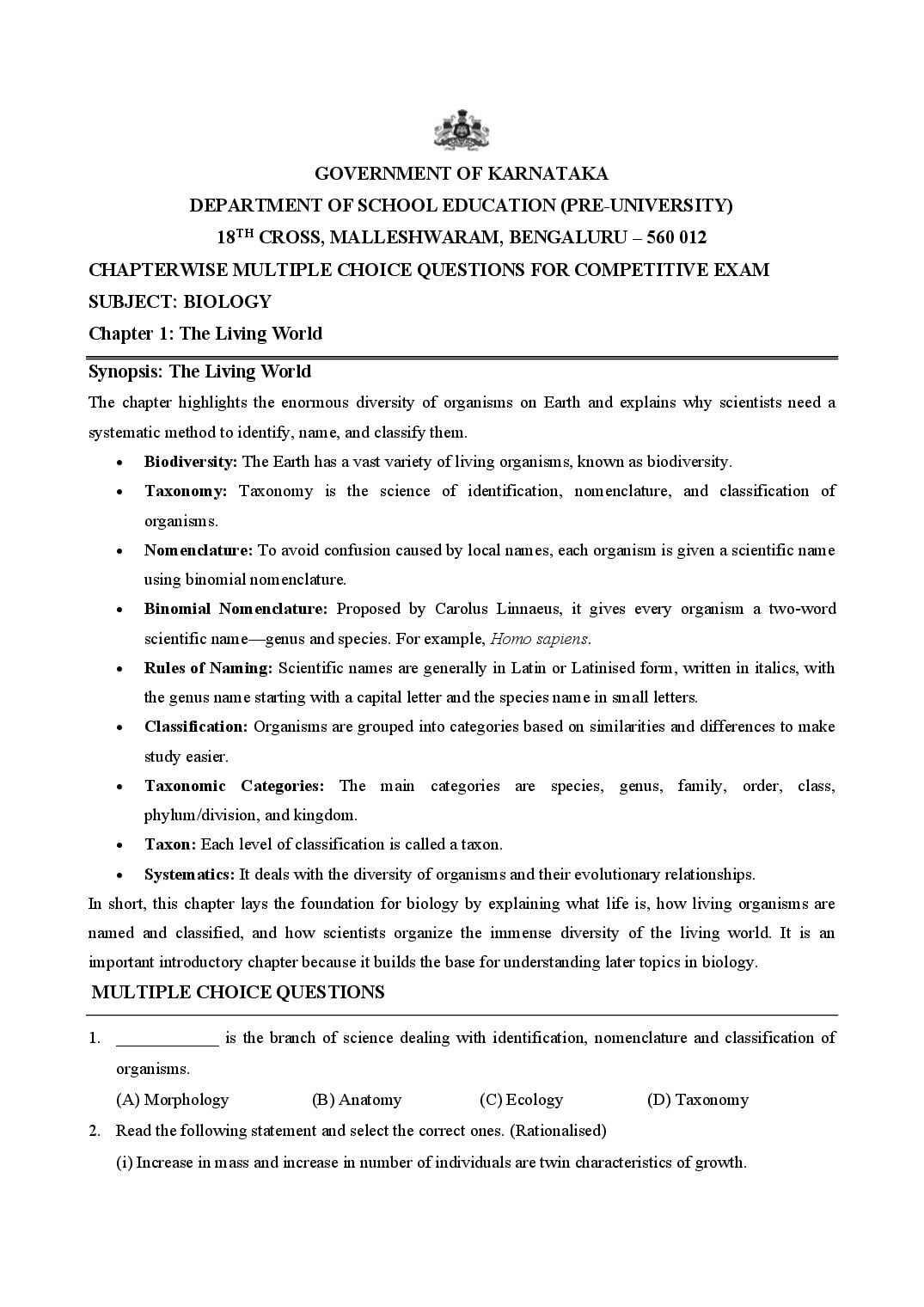 Karnataka 1st PUC Biology The Living World MCQ with Answers - Page 1 of 13