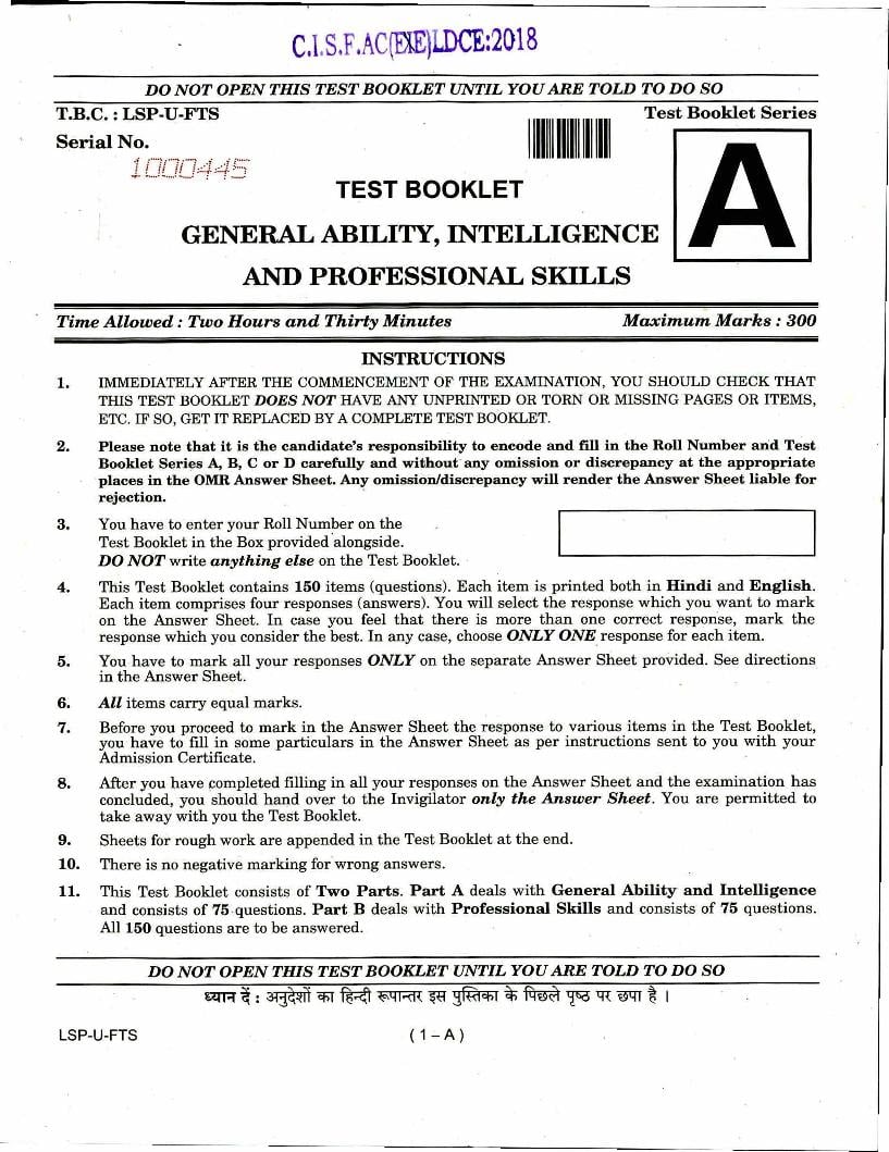 UPSC CISF AC LDCE 2018 Question Paper with Answer Key for General Ability, Intelligence and Professional Skills - Page 1