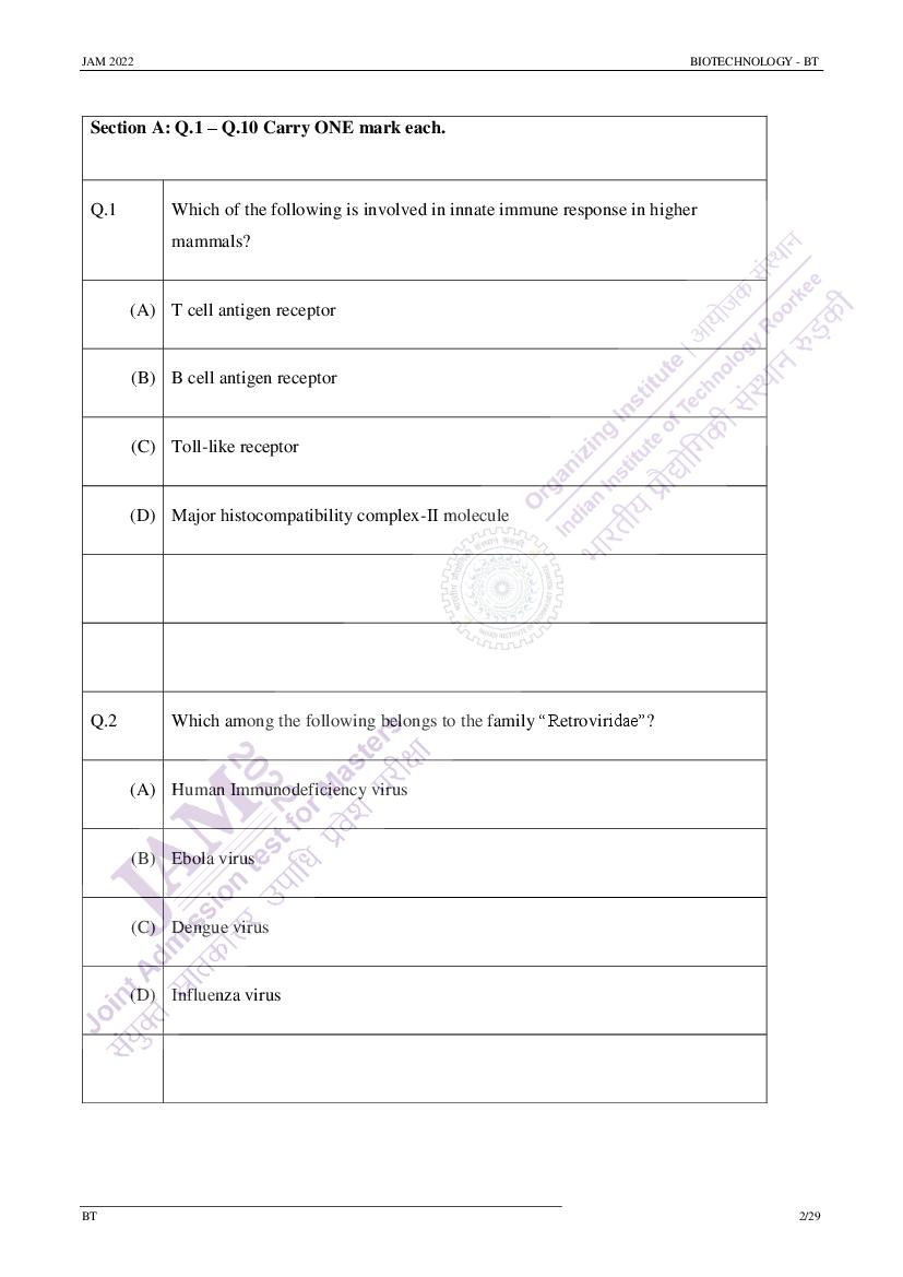 JAM 2022 Question Paper Biotechnology (BT) - Page 1