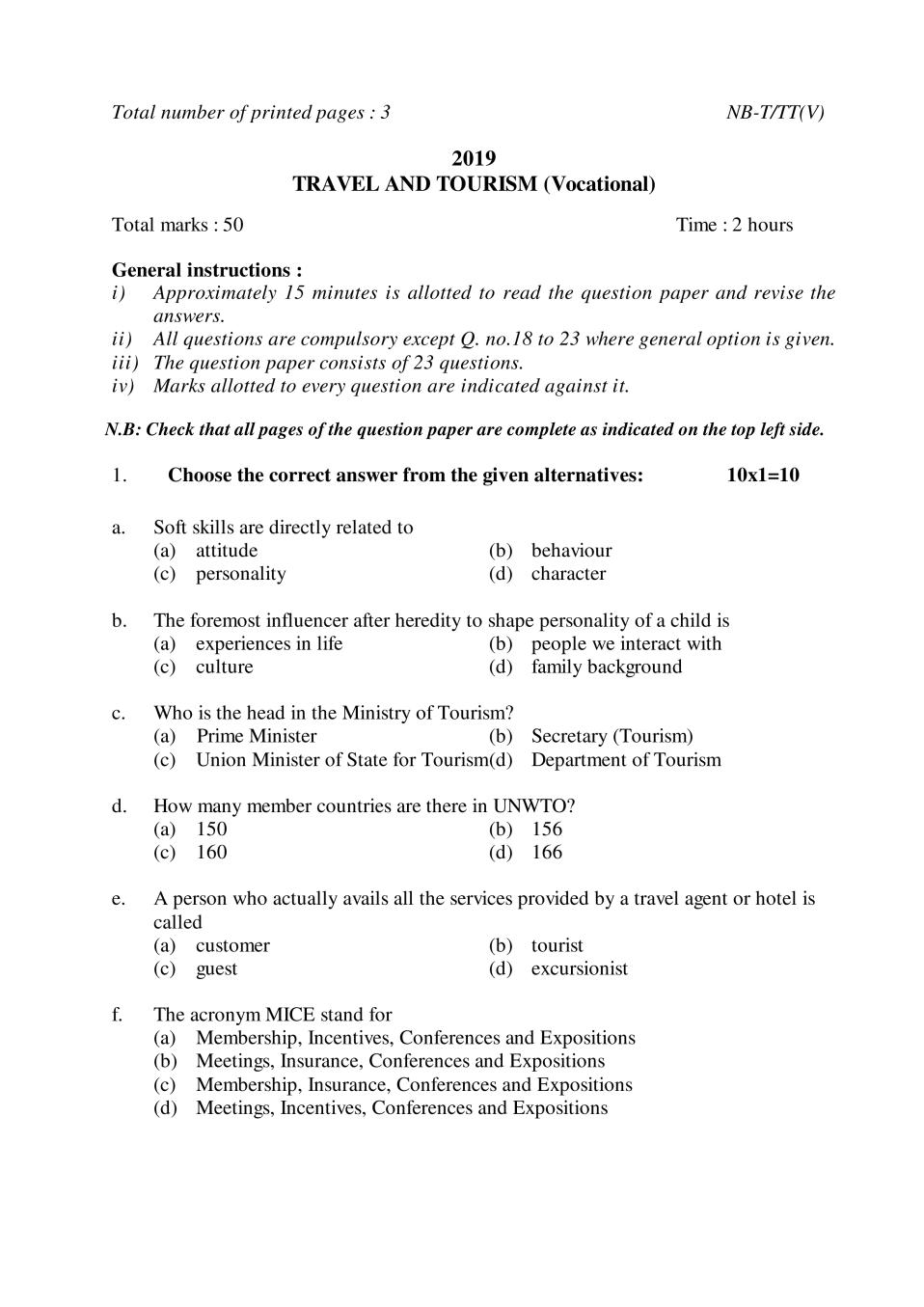 NBSE Class 10 Question Paper 2019 for Travel Tourism - Page 1
